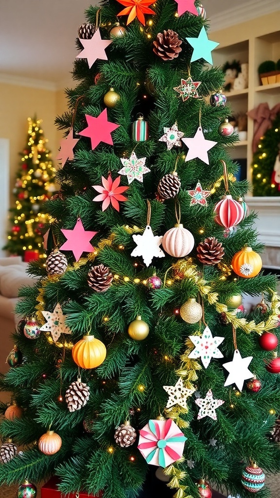 DIY Christmas Tree Decoration Guide A DIY Christmas tree decorated with handmade ornaments and garlands in a cozy living room.
